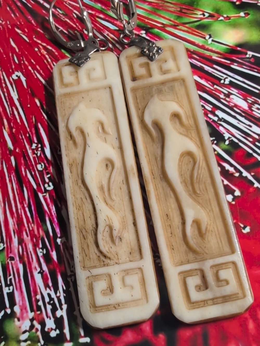 Vintage Carved Cream and Light Brown Rectangular Dangle Earrings